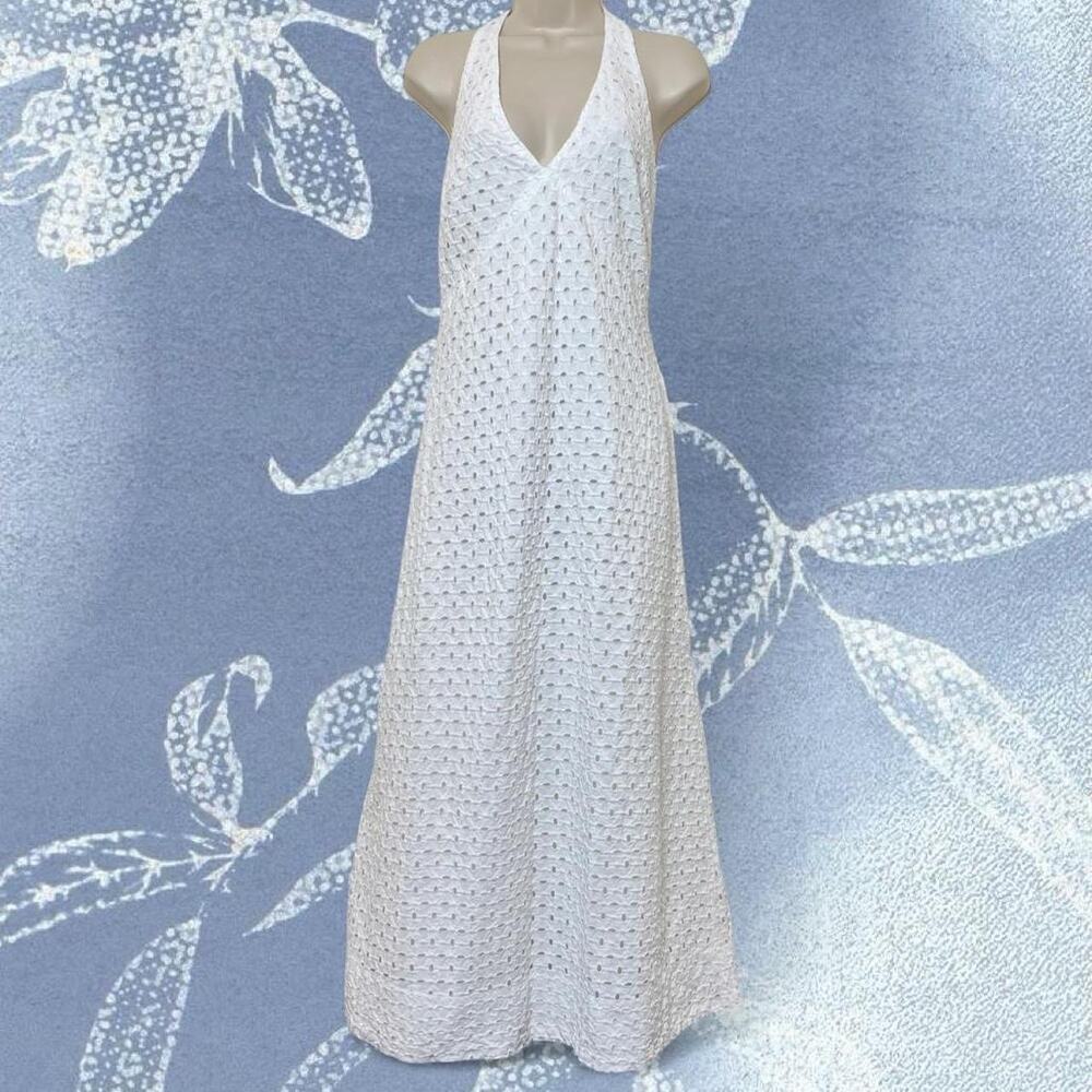 A New Day Low White Plunging Low V Neck Halter Eyelet Lined Midi Dress Medium
